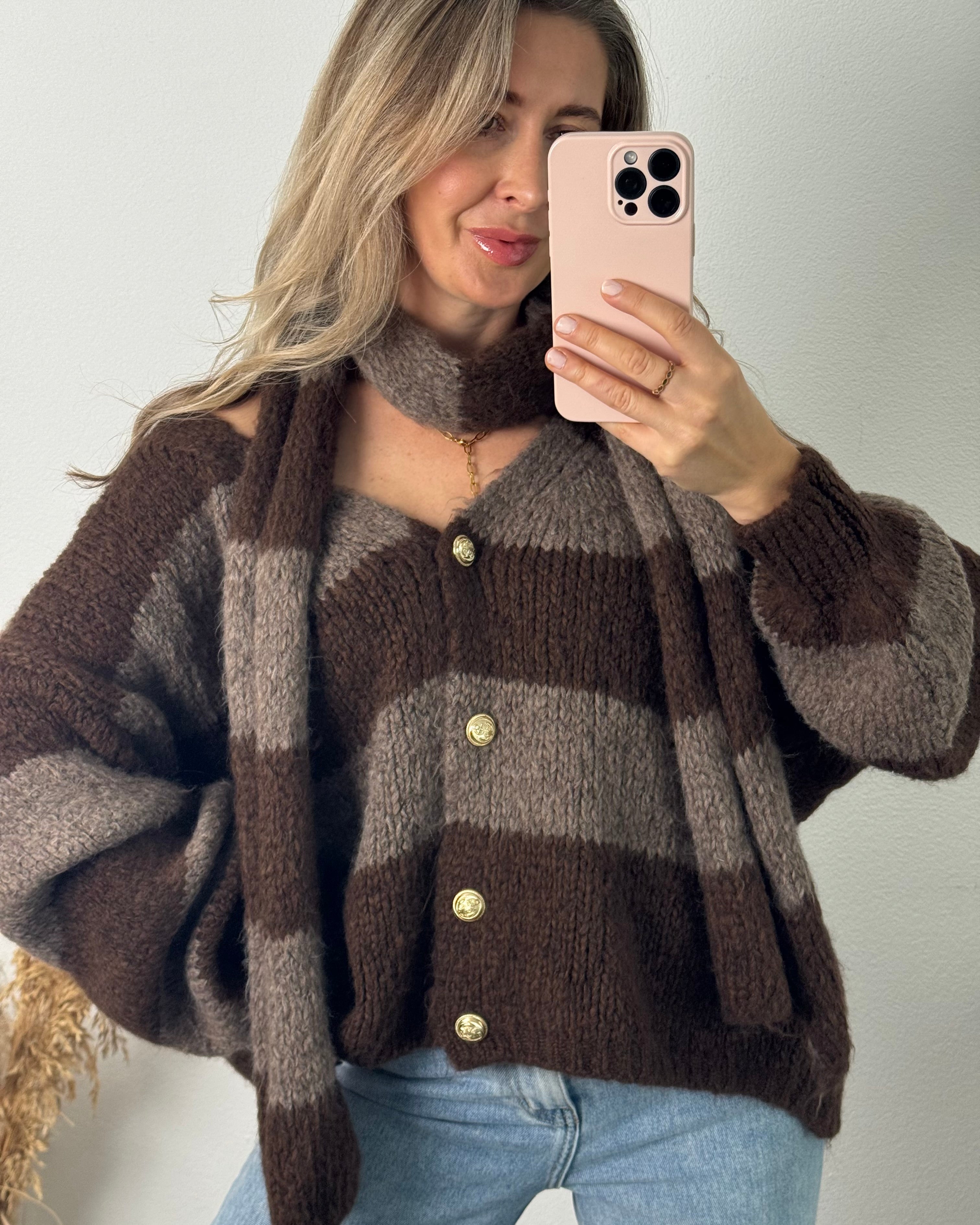 Kuscheliger Cardigan mit Schal Braun / Taupe
