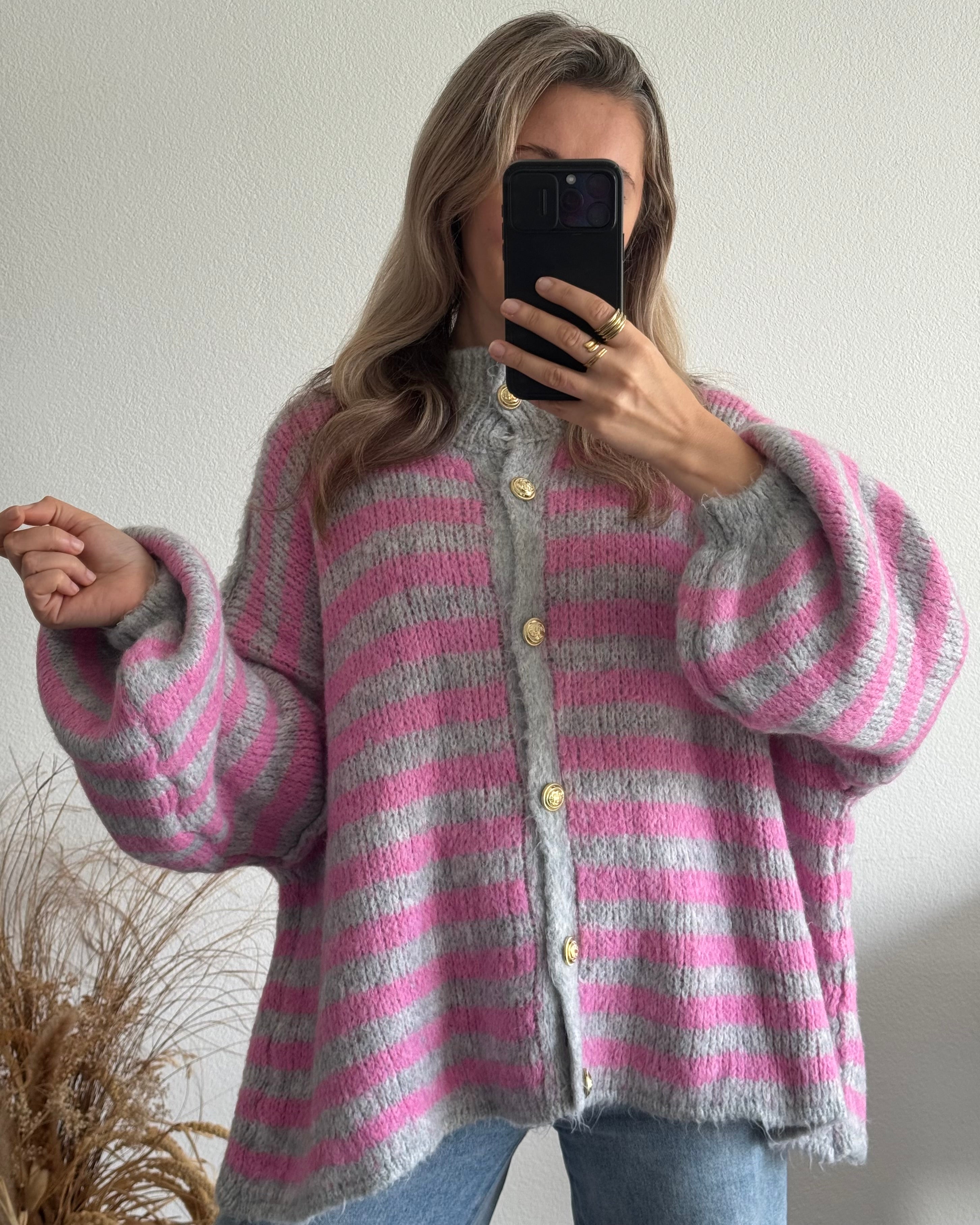 Cardigan gestreift Grau / Rosa