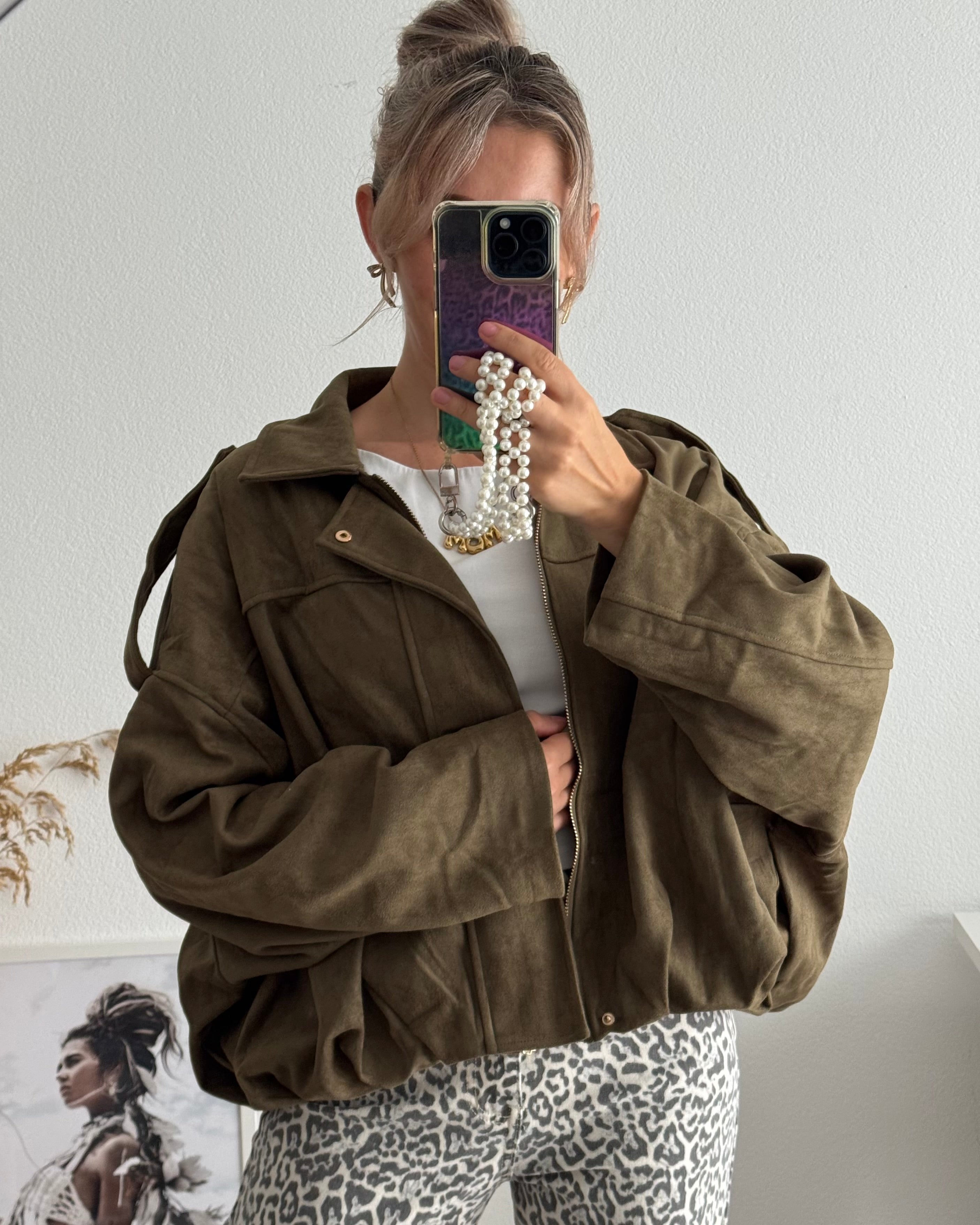 Luxe Suede Bomber Jacket Khaki