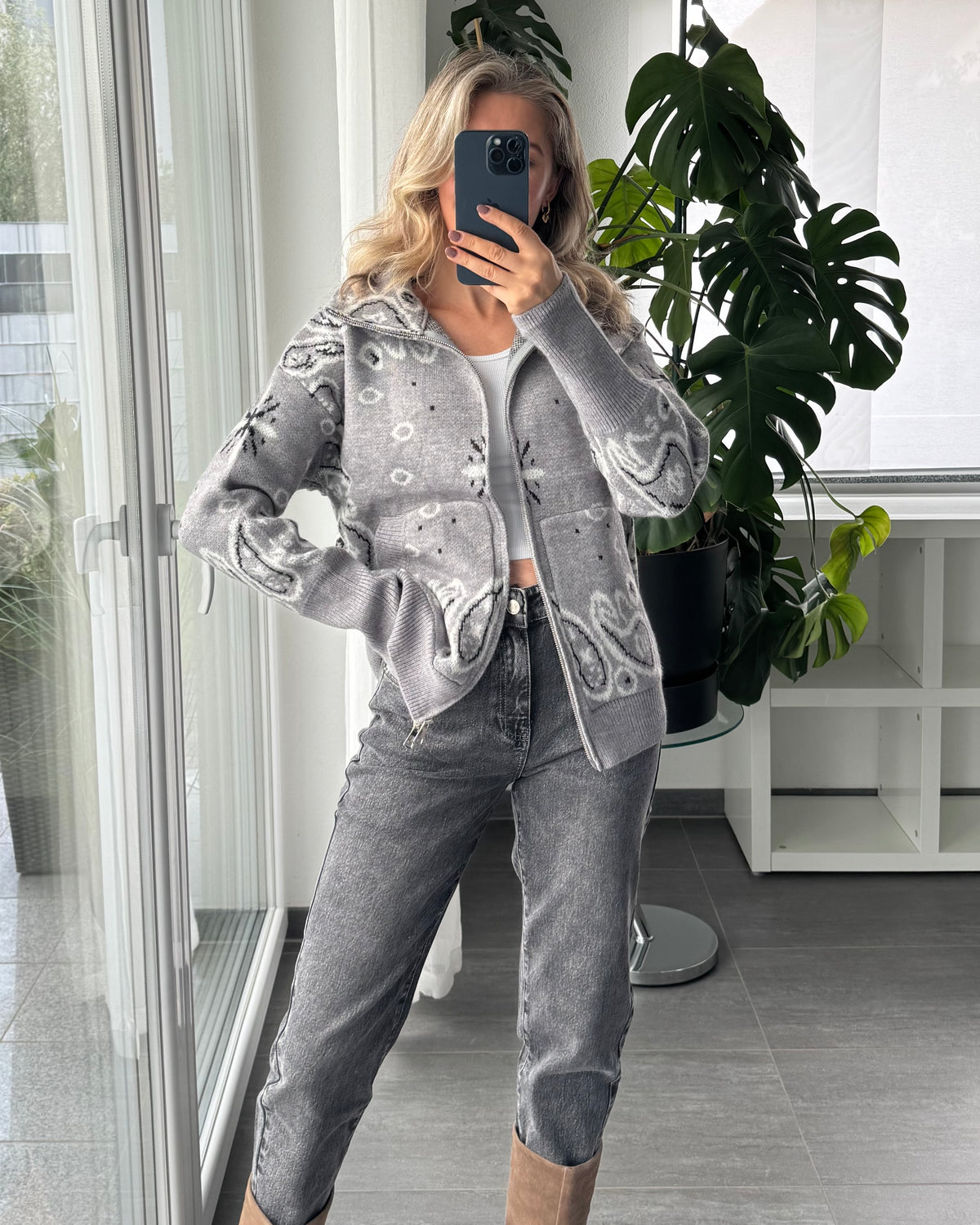 Zip Cardigan Paisley Grau