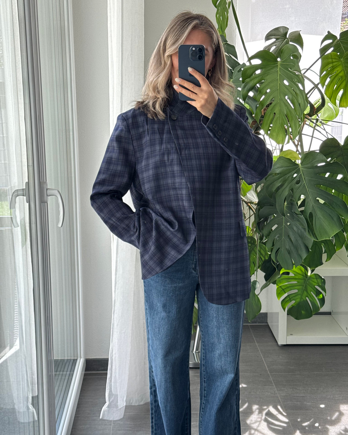 High Neck Blazer kariert blau