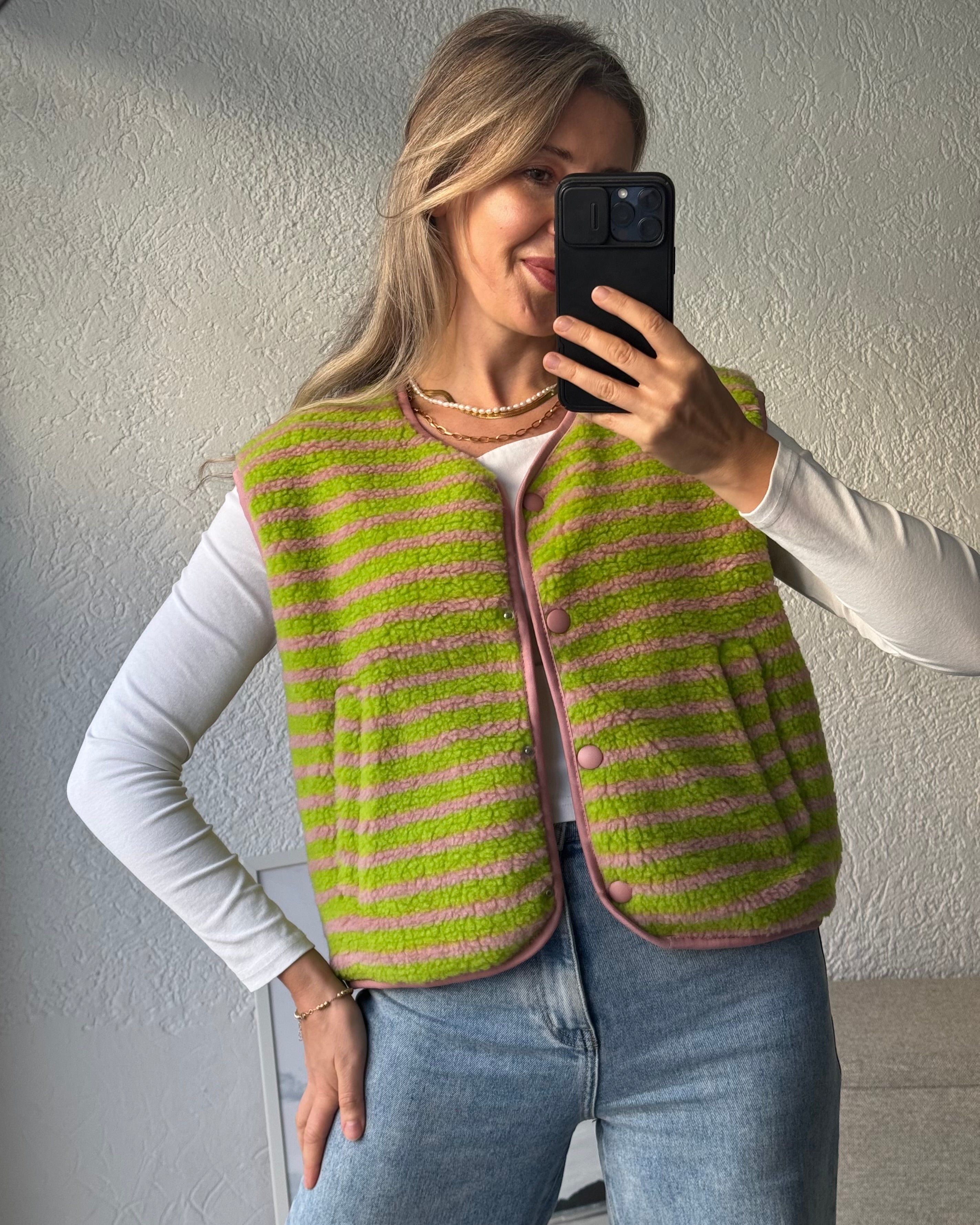 Teddyweste Stripes Matcha Grün