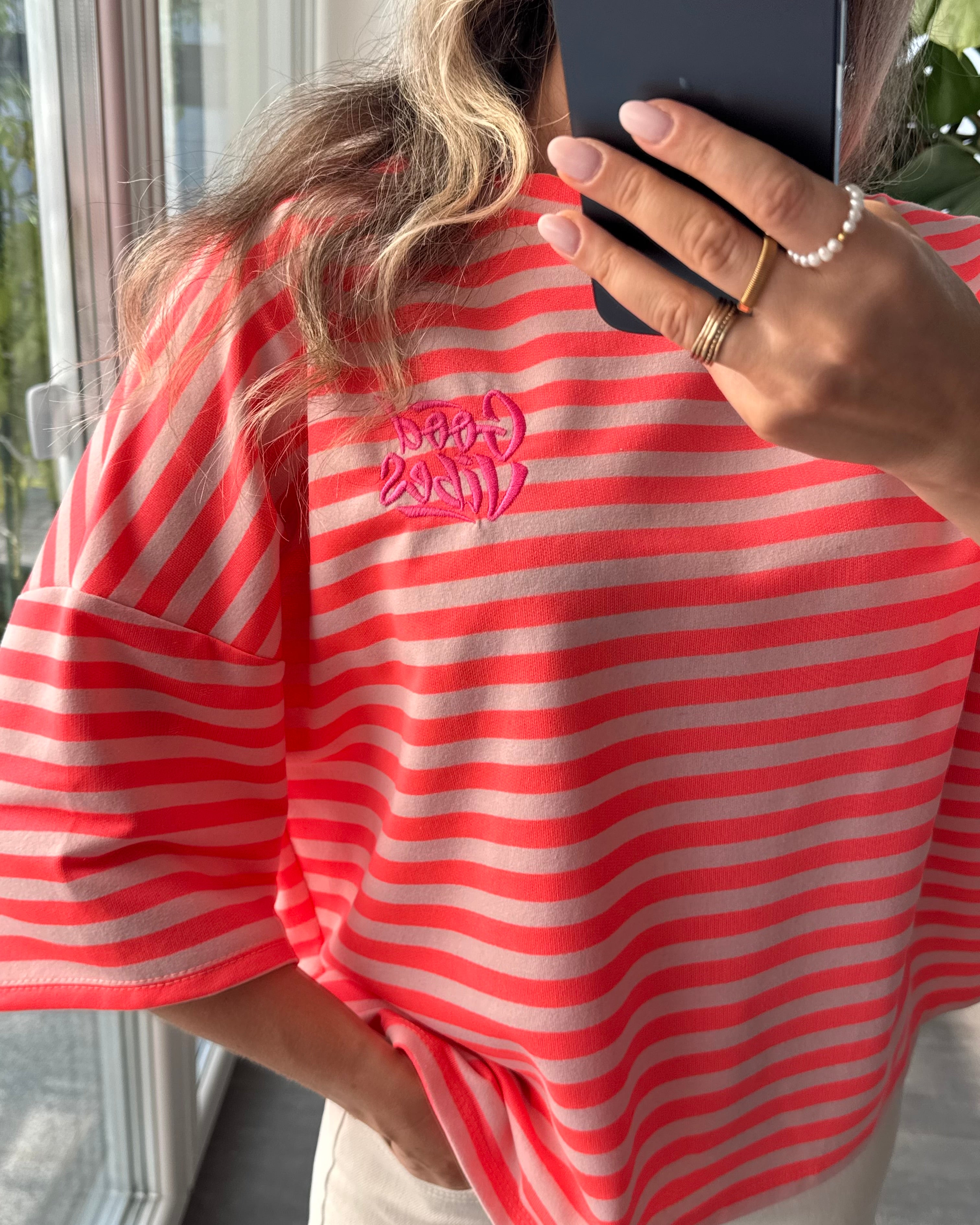 Shirt Streifenliebe Good Vibes Korallrot