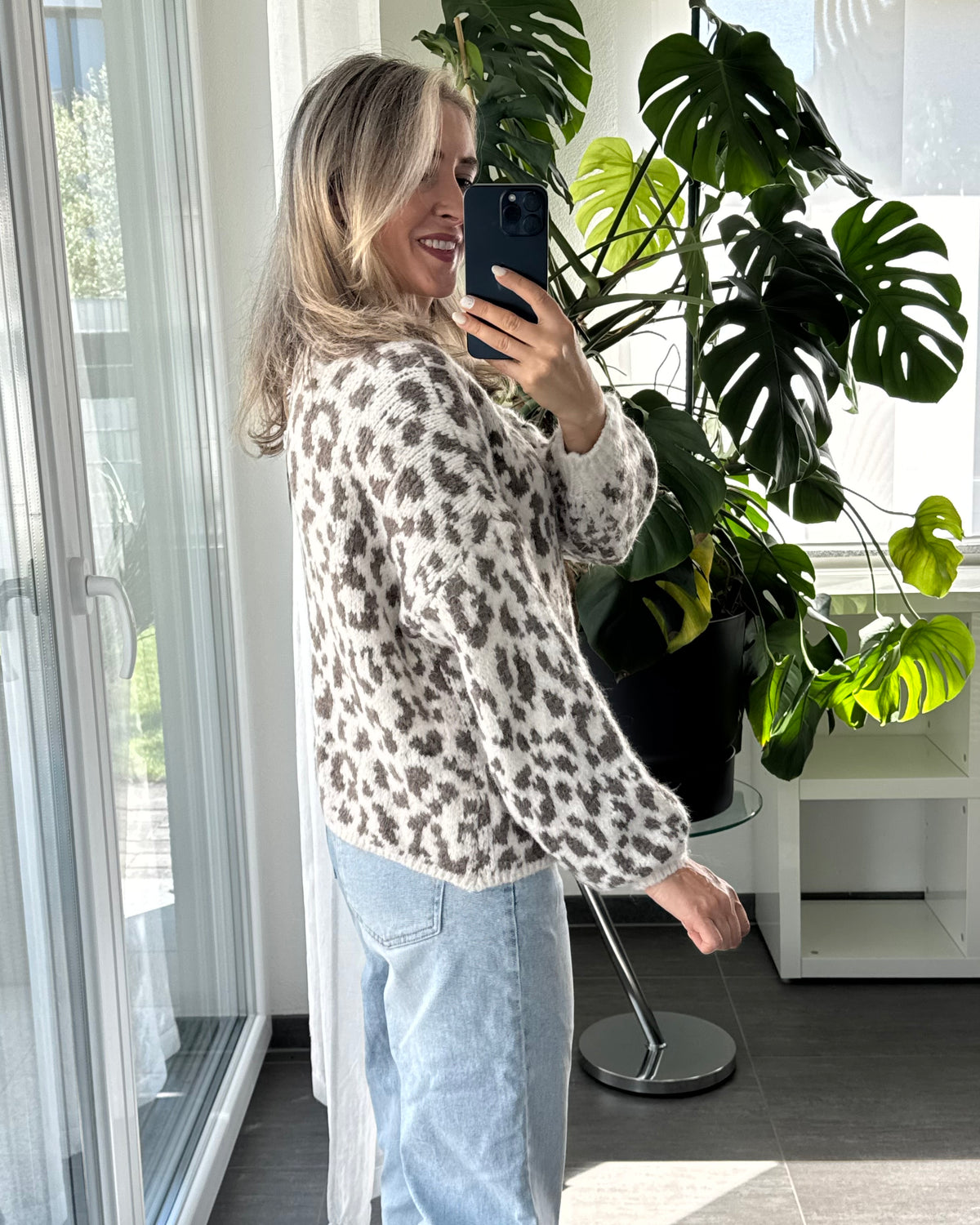 Offener Cardigan mit Leoprint Beige Taupe