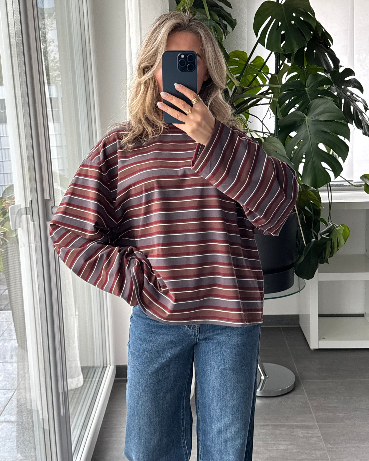 Streifen Longsleeve Bordeaux Grau Braun
