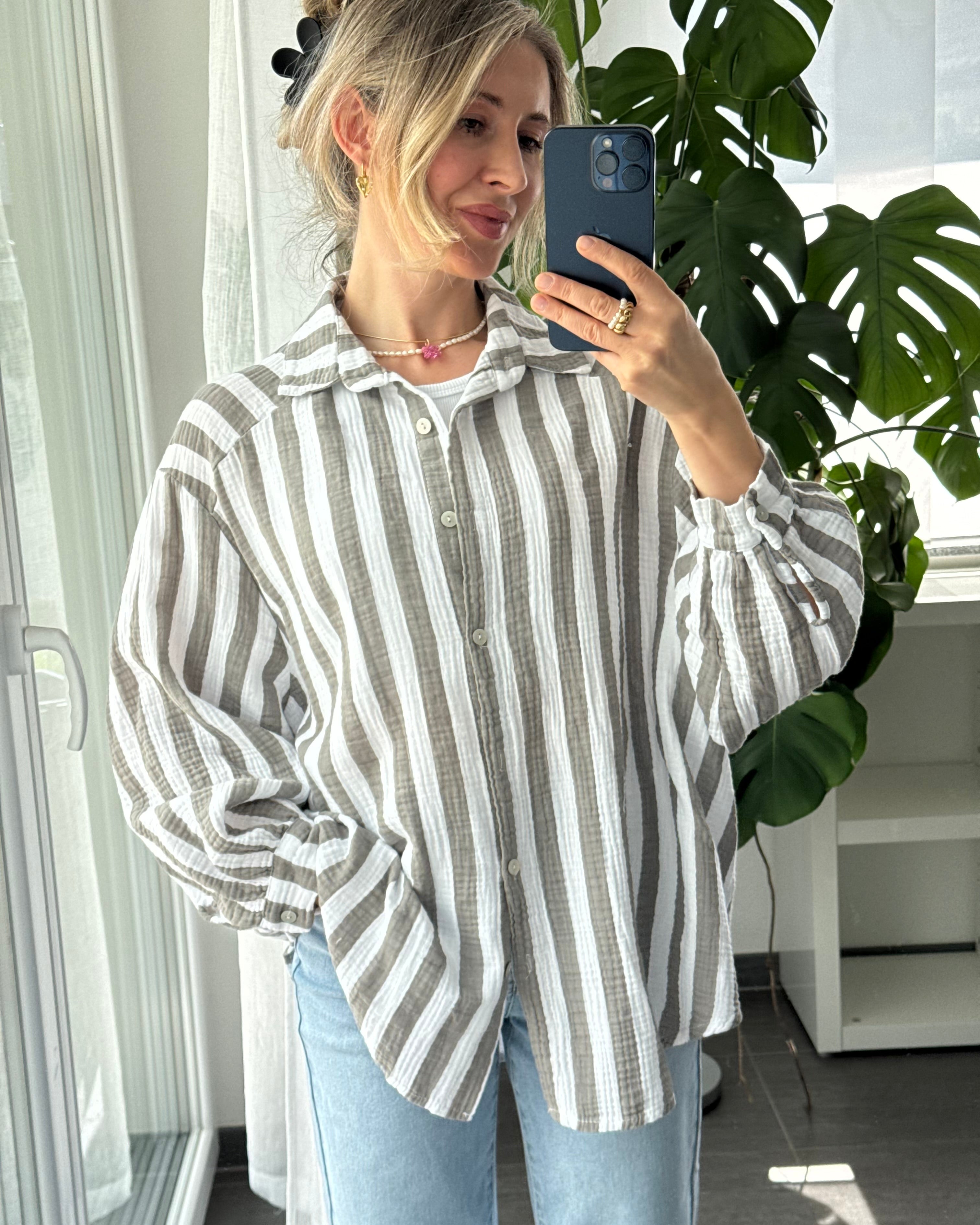 Musselinbluse Bold Stripes Grau