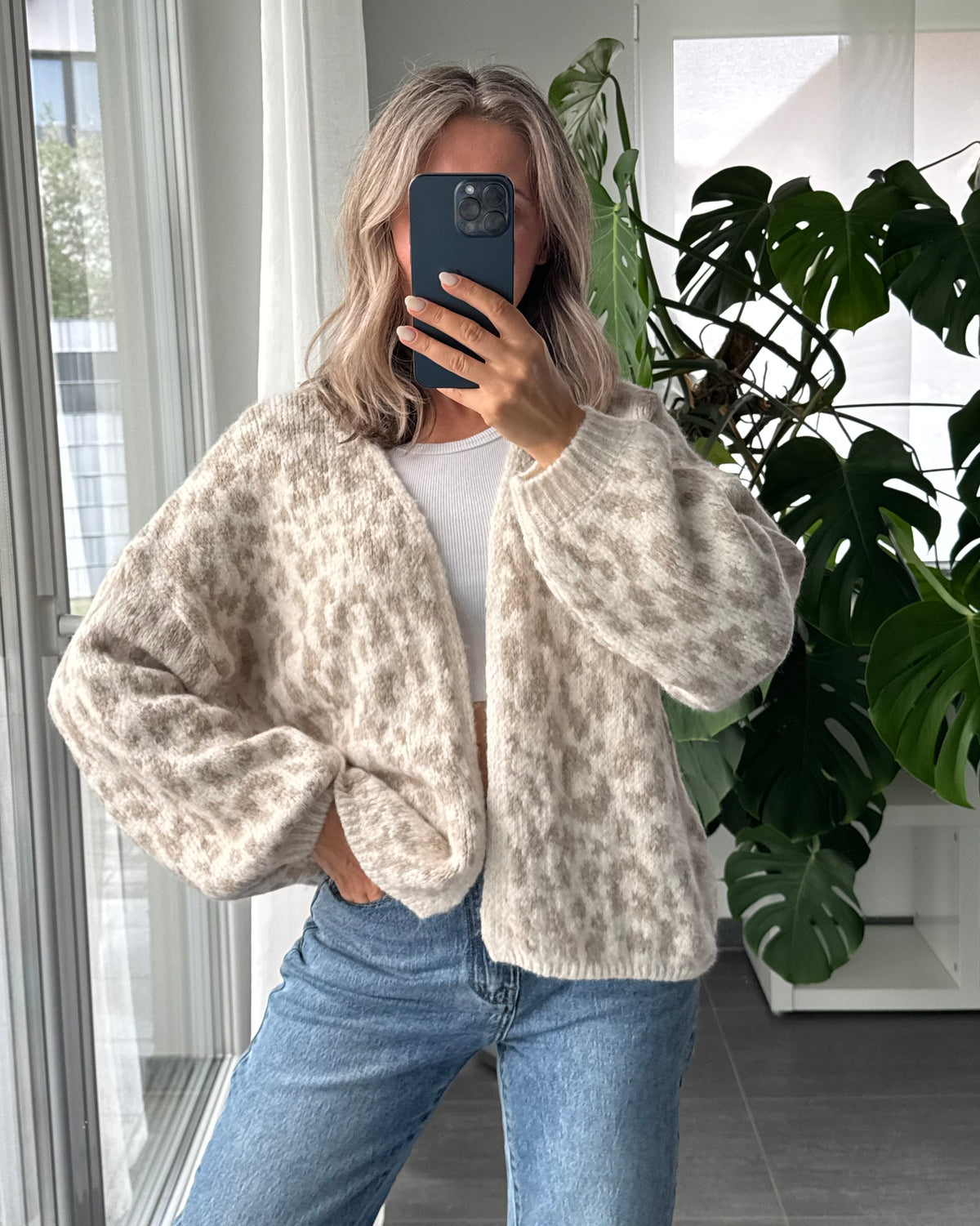 Offener Cardigan mit Leoprint Beige