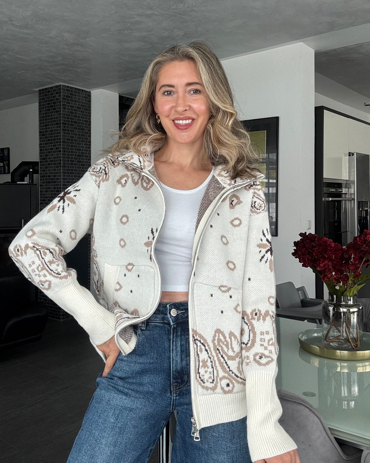 Zip Cardigan Paisley Beige